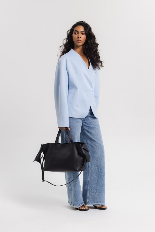 Leather Soft Shopper Bag with Tie Black