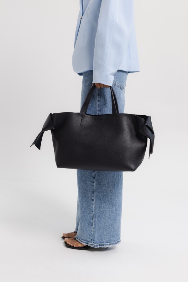 Leather Soft Shopper Bag with Tie Black