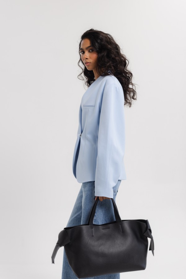 Leather Soft Shopper Bag with Tie Black