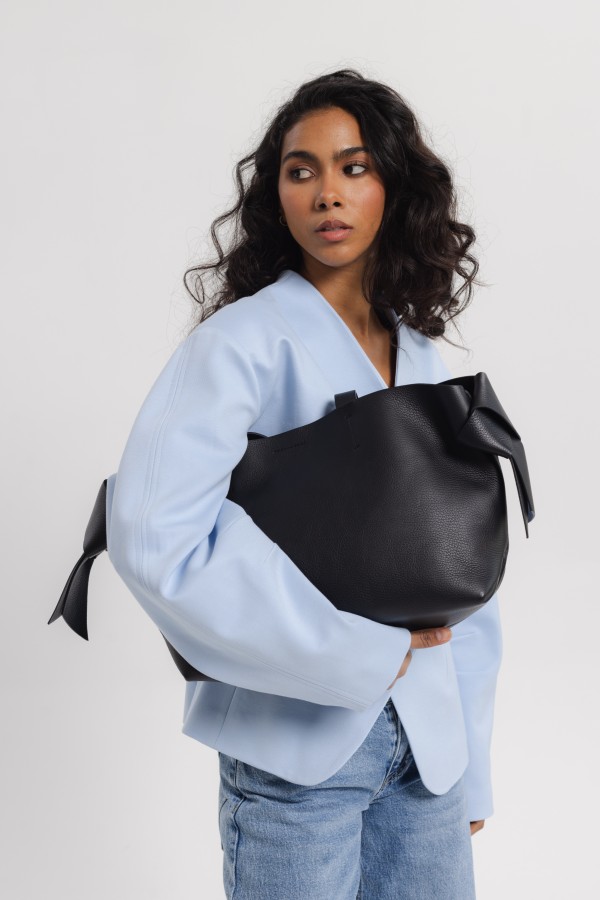 Leather Soft Shopper Bag with Tie Black