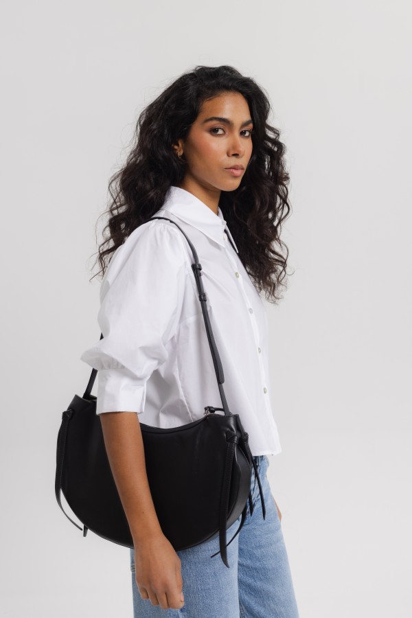 Half-Round Leather Handbag with Adjustable Strap Black