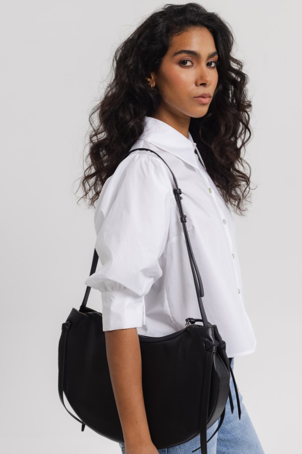 Half-Round Leather Handbag with Adjustable Strap Black