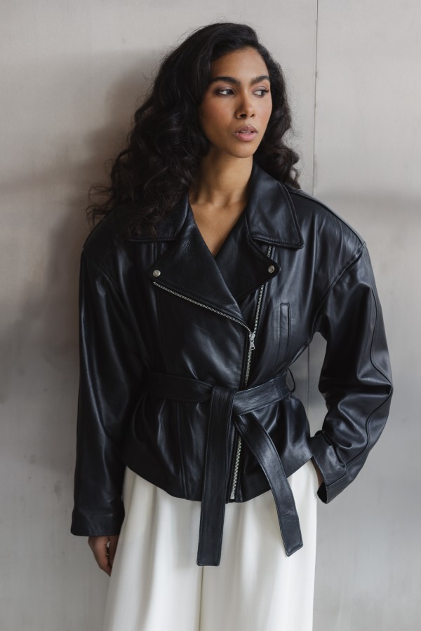 Patrice Belted Leather Jacket Black