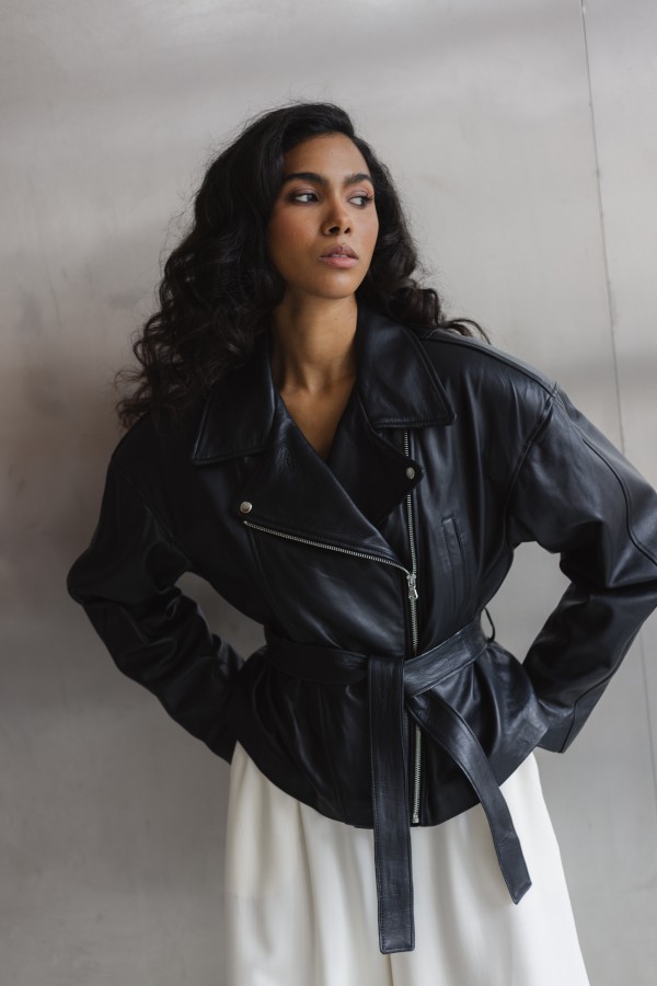 Patrice Belted Leather Jacket Black