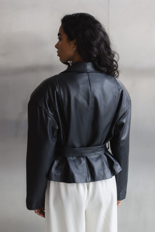 Patrice Belted Leather Jacket Black