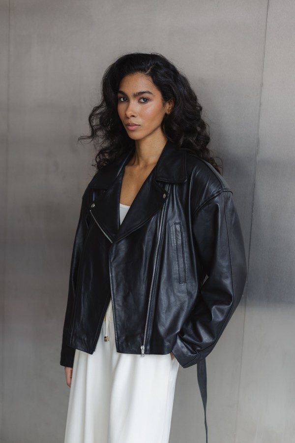 Patrice Belted Leather Jacket Black