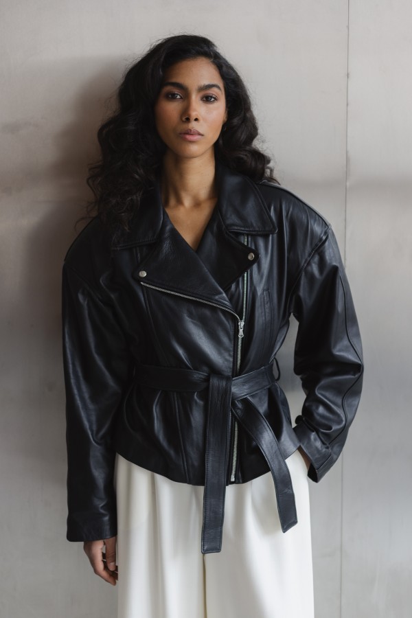 Patrice Belted Leather Jacket Black