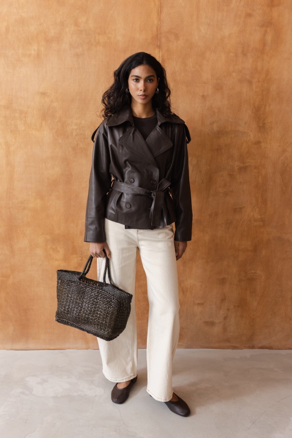 Khaki Woven Leather Shopper Bag