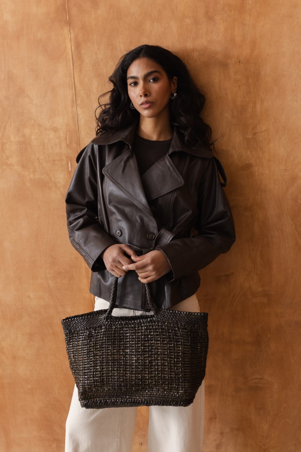 Khaki Woven Leather Shopper Bag