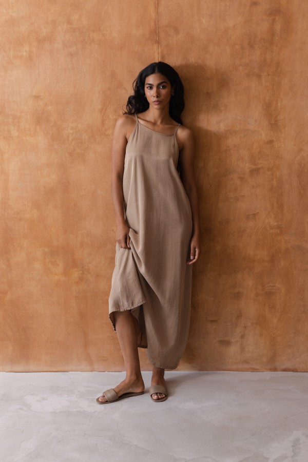 Chantal Dress with Thin Straps Beige