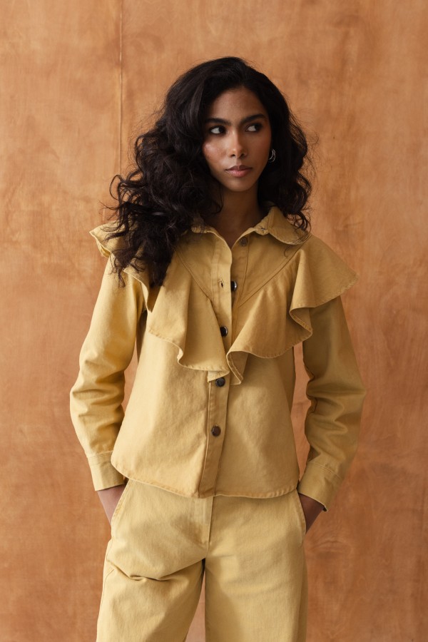 95056 Yellow Ruffled Denim Shirt
