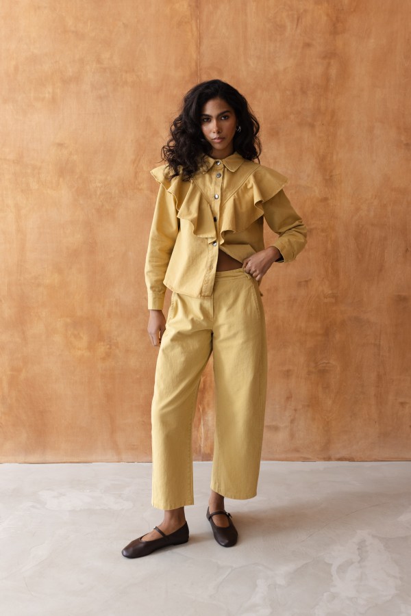 95056 Yellow Ruffled Denim Shirt