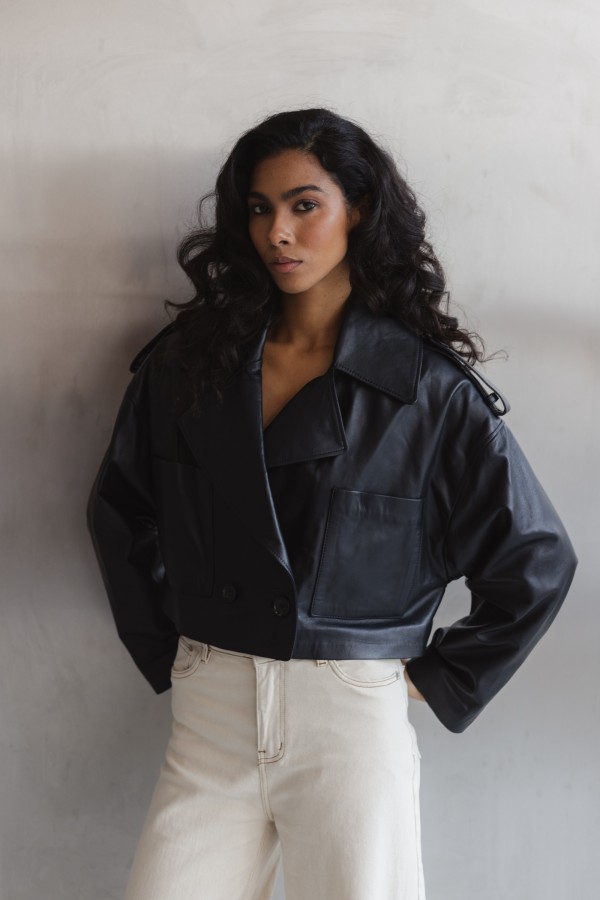 Zaya Cropped Leather Jacket Black