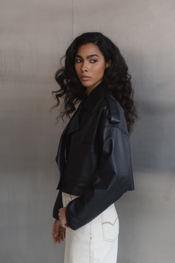 Zaya Cropped Leather Jacket Black