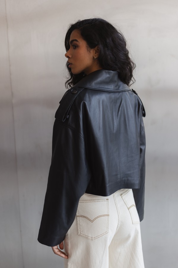 Zaya Cropped Leather Jacket Black
