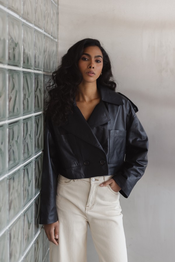 Zaya Cropped Leather Jacket Black