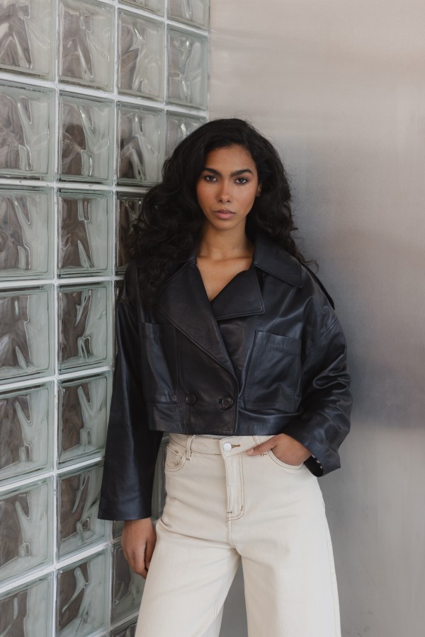 Zaya Cropped Leather Jacket Black