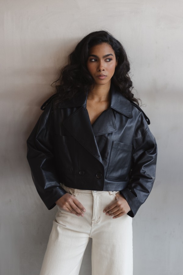 Zaya Cropped Leather Jacket Black