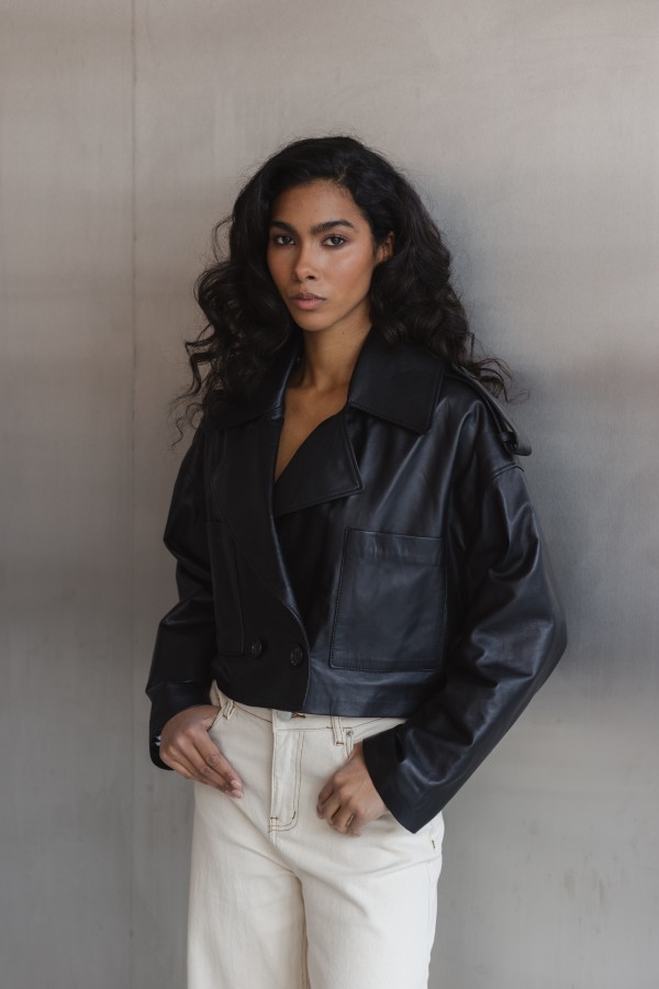 Zaya Cropped Leather Jacket Black