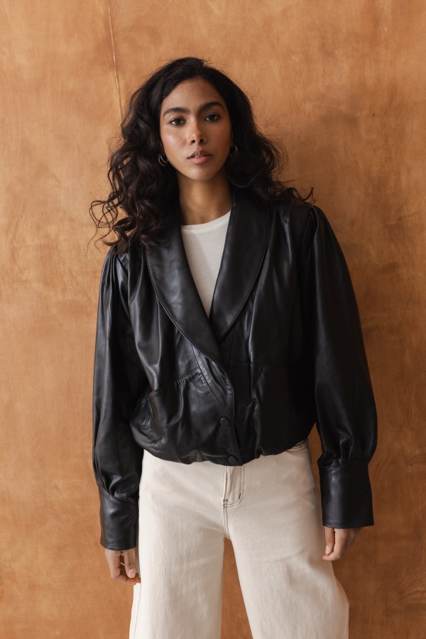 Sheri Cropped Leather Jacket Black