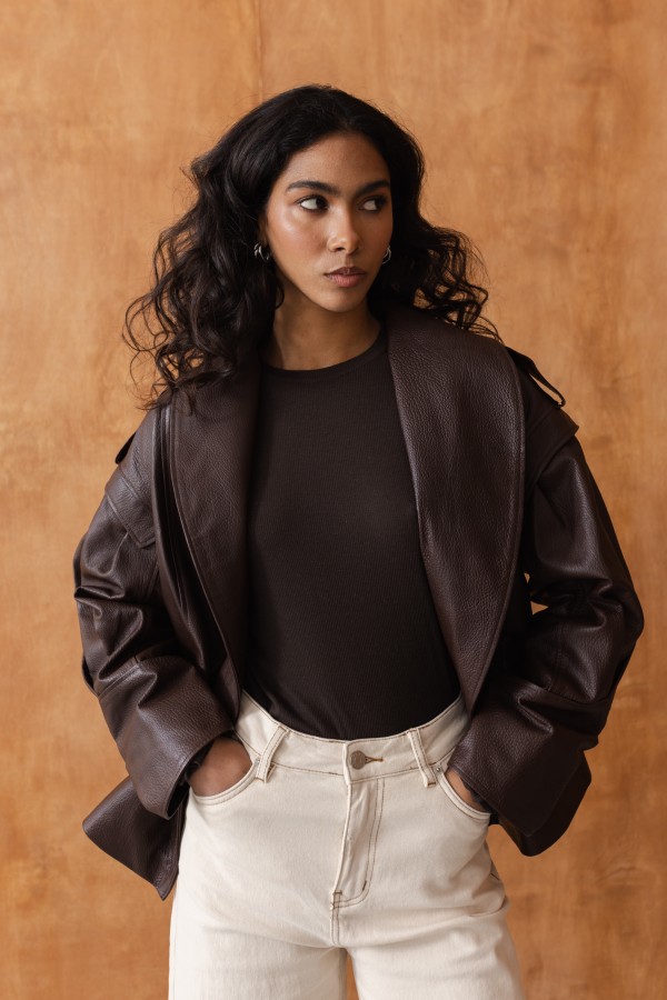 Nicola Leather Jacket with Ties Brown