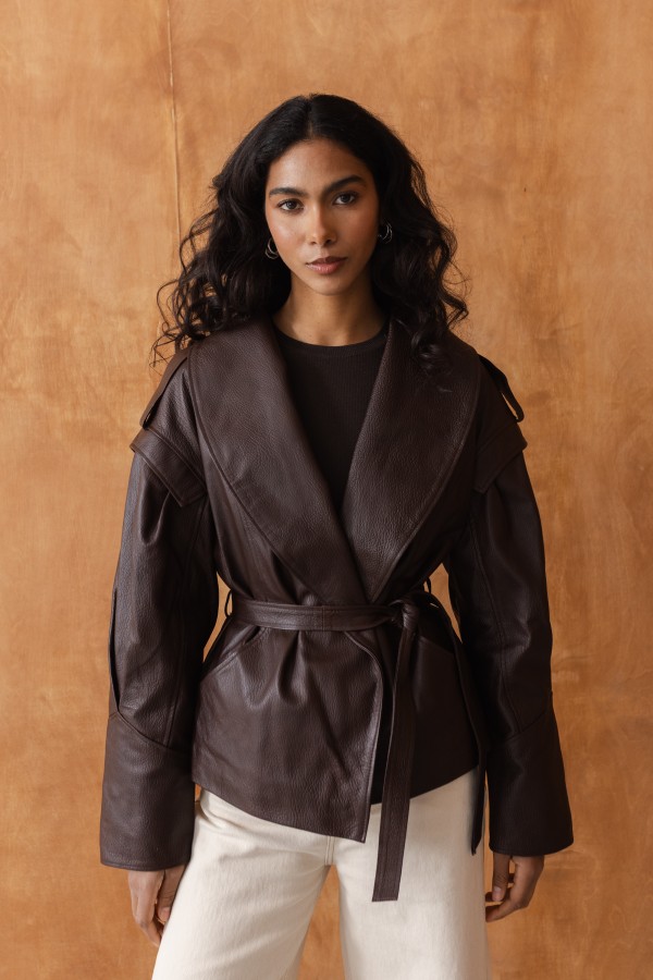 Nicola Leather Jacket with Ties Brown