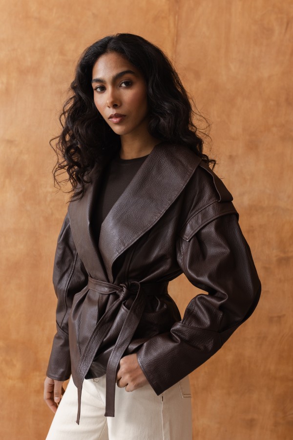 Nicola Leather Jacket with Ties Brown