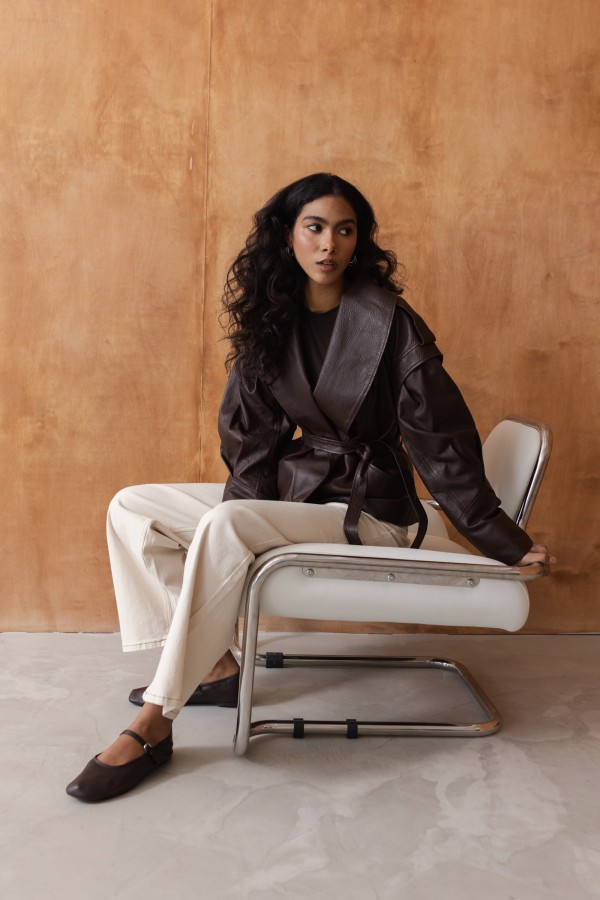 Nicola Leather Jacket with Ties Brown