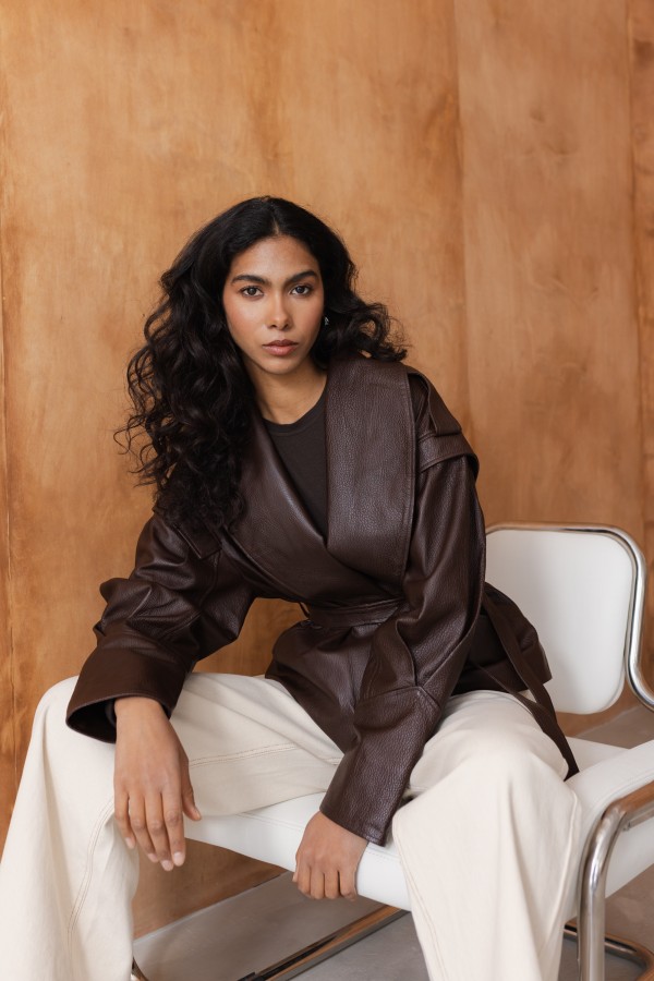 Nicola Leather Jacket with Ties Brown