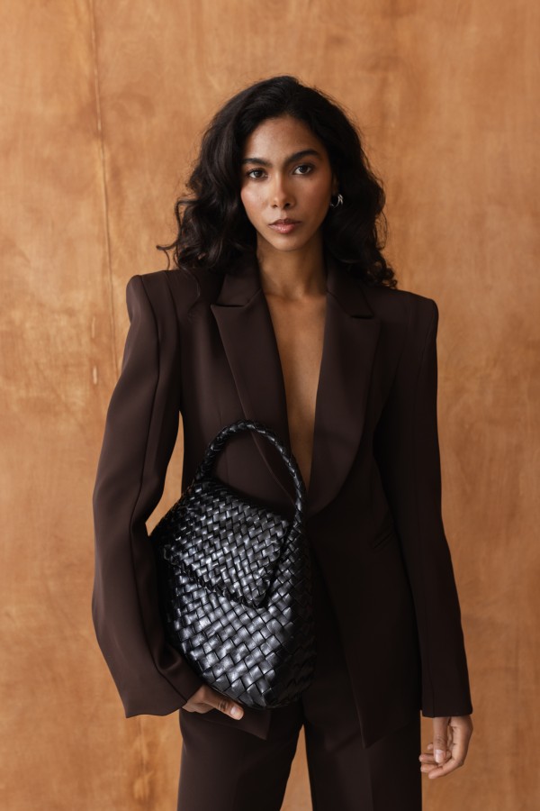 Black Braided Leather Handbag with Short Handle