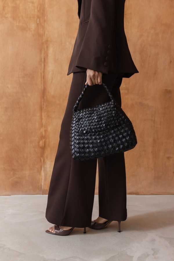 Black Braided Leather Handbag with Short Handle