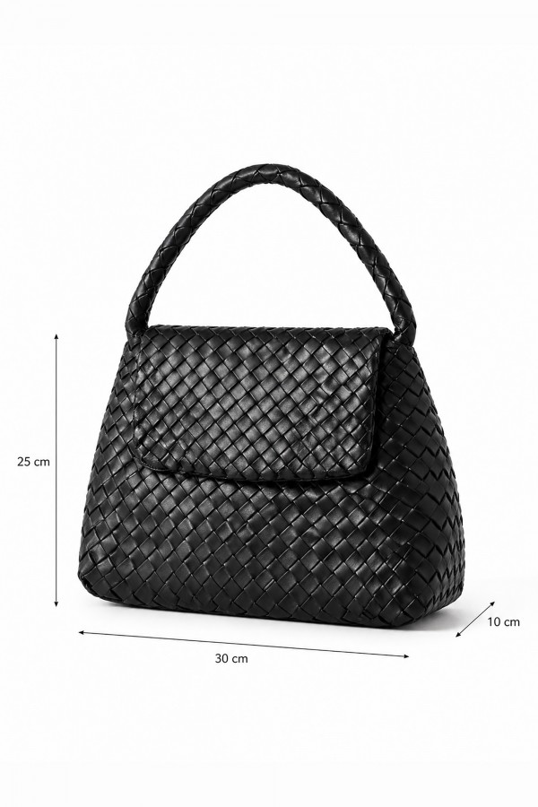 Black Braided Leather Handbag with Short Handle