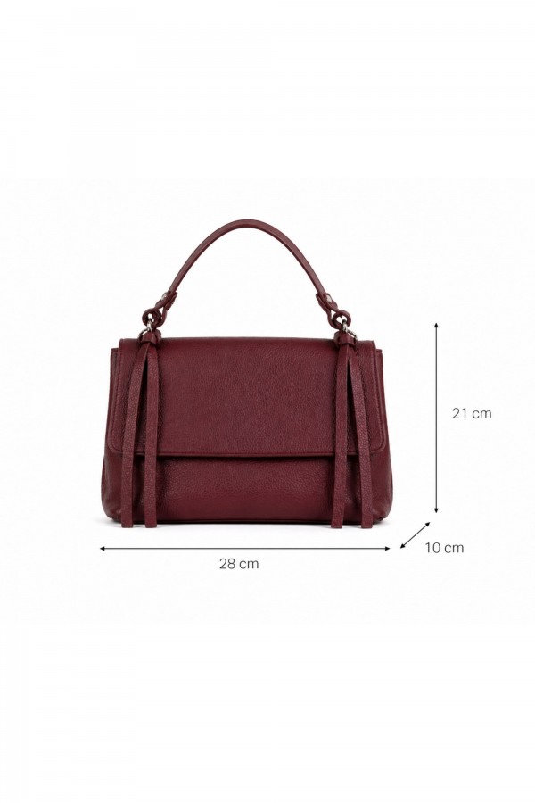 Leather Handbag with Flap and Decorative Straps Wine