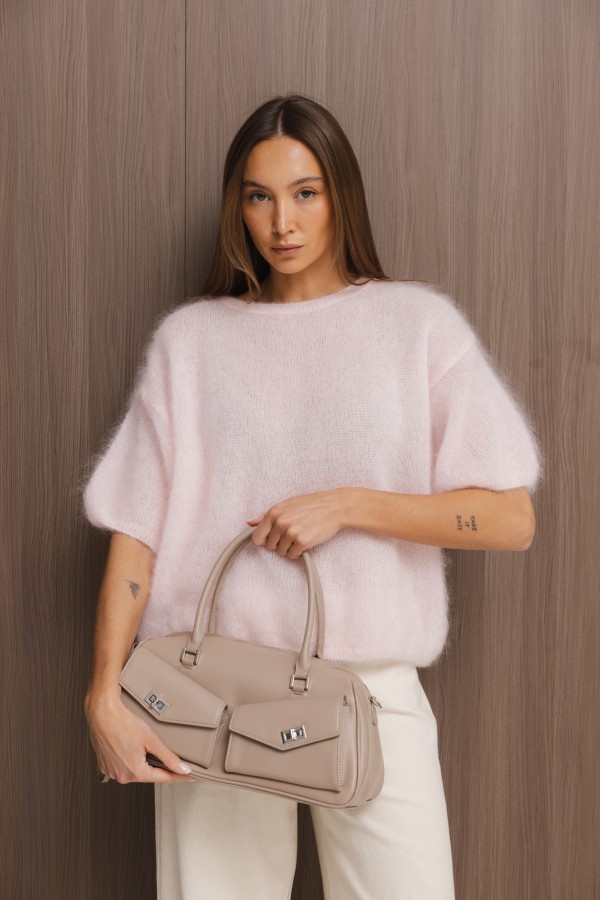 Cappuccino Leather Bowling Bag with Pockets