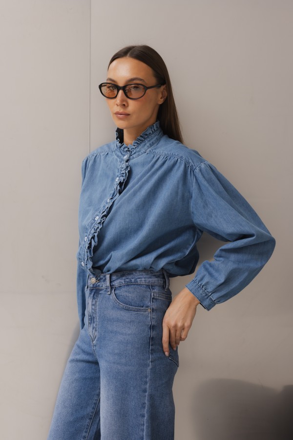 Alma Denim Ruffle Shirt Blue