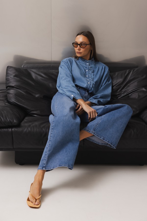 Alma Denim Ruffle Shirt Blue