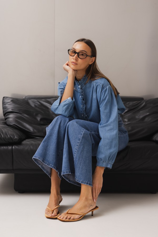Alma Denim Ruffle Shirt Blue
