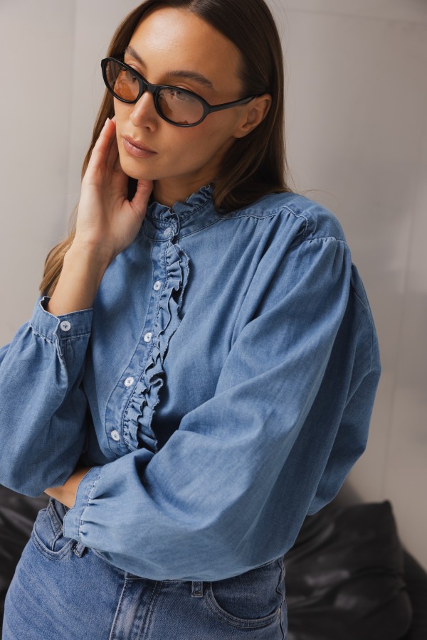 Alma Denim Ruffle Shirt Blue