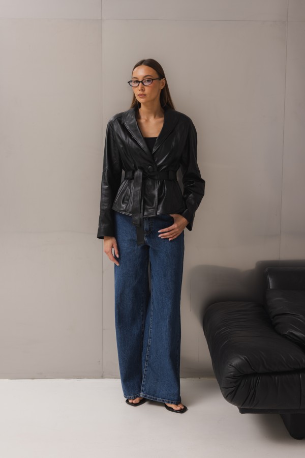 Miriam Belted Leather Jacket Black