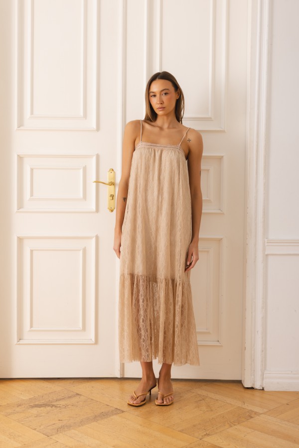 Lira Lace Strapless Dress Beige
