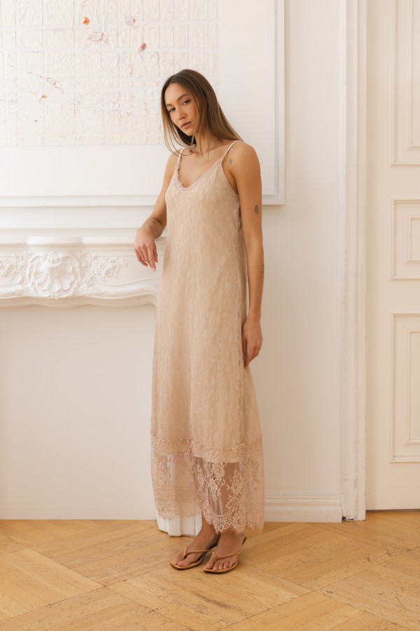 Arabella Long Lace Dress Beige