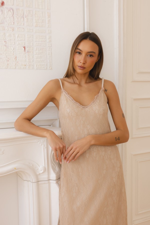 Arabella Long Lace Dress Beige