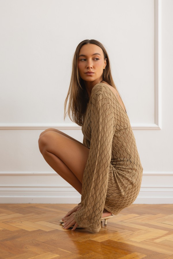 Isla Openwork Dress Beige
