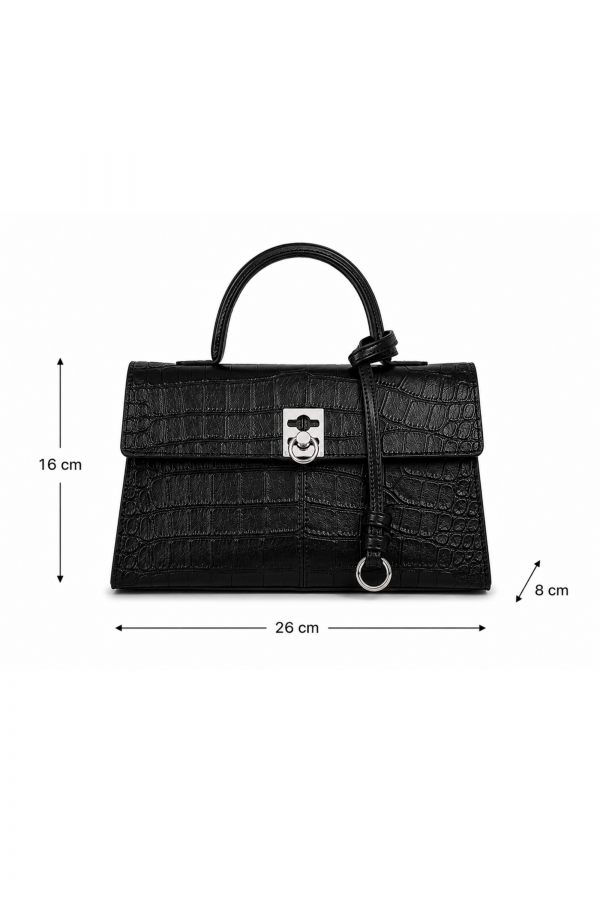 Black Embossed Leather Bag with Metal Clasp