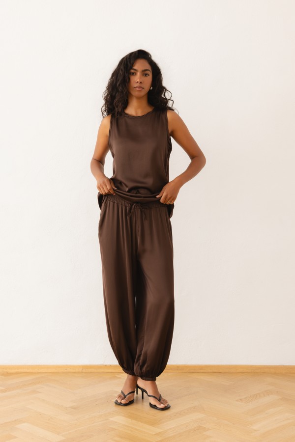 9527 Trousers Satin Brown