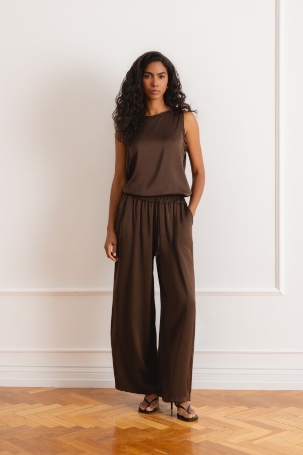 6655 Spodnie Z Jedwabiem Wide Leg Brąz