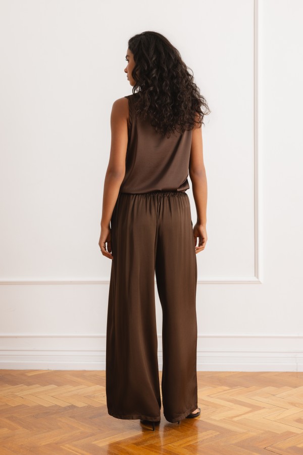 6655 Spodnie Z Jedwabiem Wide Leg Brąz