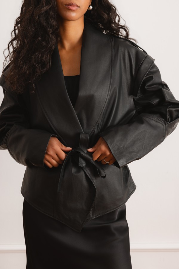 0179 Jacket Leather With Ties Black