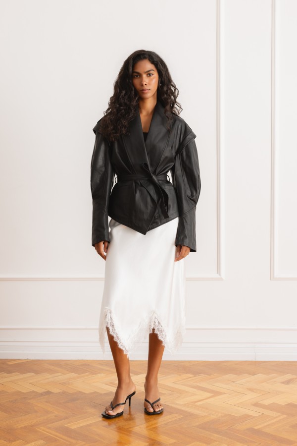 0179 Jacket Leather With Ties Black