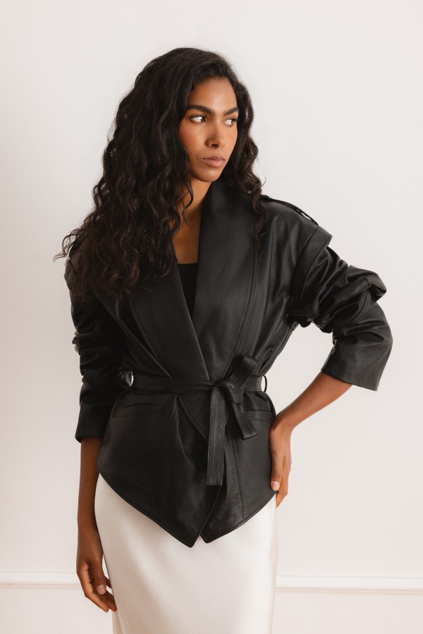 0179 Jacket Leather With Ties Black